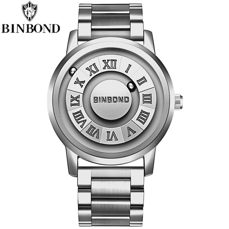 BINBOND silver Magnetic Ball Stainless Steel Watch for Men - Minimalist Unique Roman Dial Wrist Watch